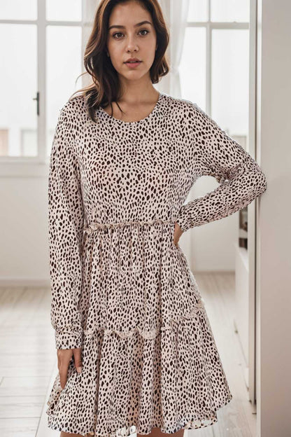 loose leopard print v neck dress drop shoulder a line closed cape paneled 133207