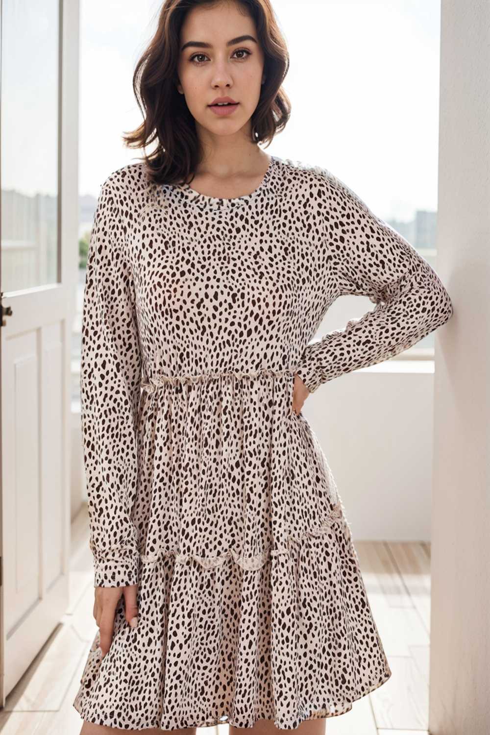 loose leopard print v neck dress drop shoulder a line closed cape paneled 132935