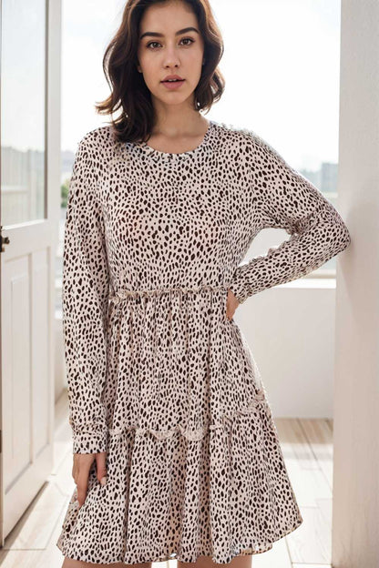loose leopard print v neck dress drop shoulder a line closed cape paneled 132935
