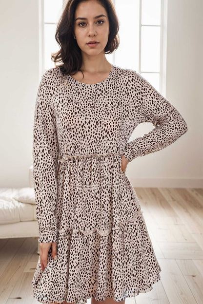 loose leopard print v neck dress drop shoulder a line closed cape paneled 129666