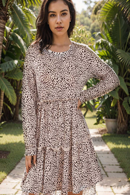 loose leopard print v neck dress drop shoulder a line closed cape paneled 145155