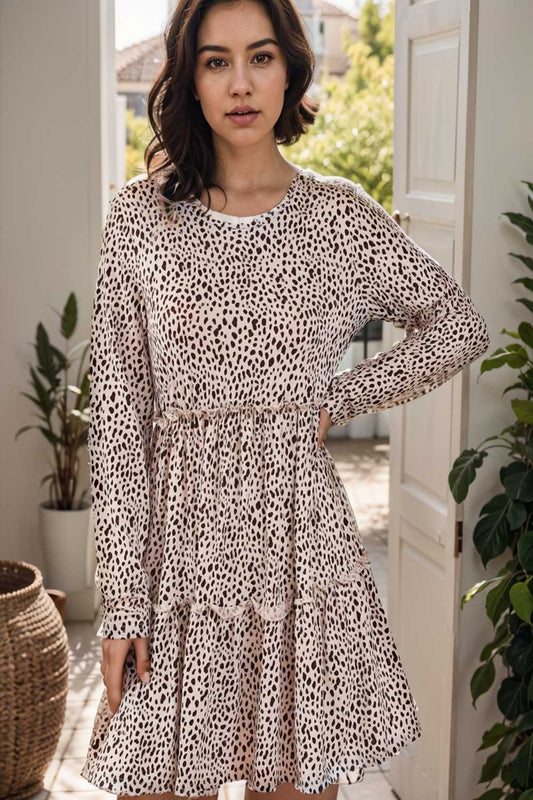 loose leopard print v neck dress drop shoulder a line closed cape paneled 108506