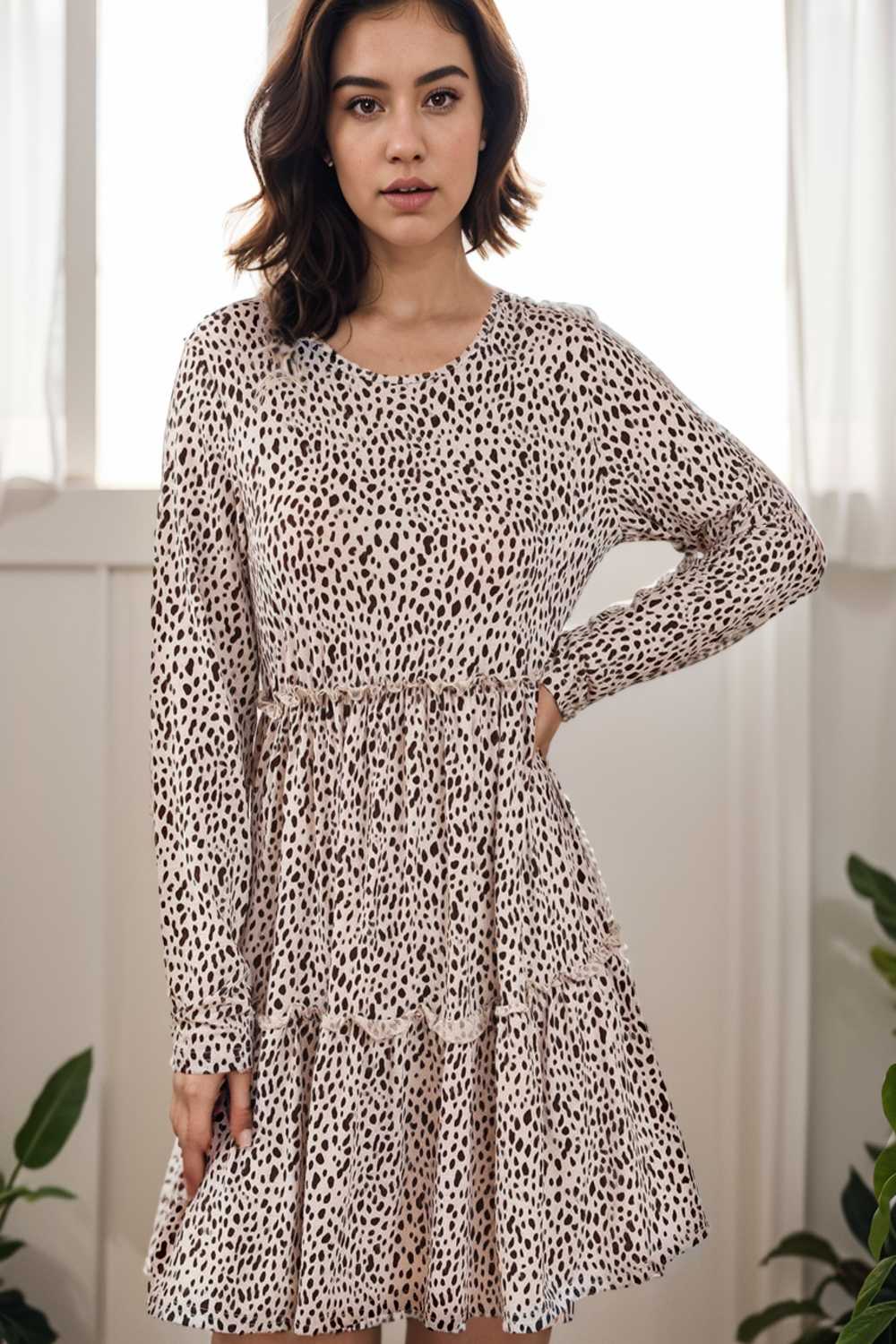 loose leopard print v neck dress drop shoulder a line closed cape paneled 133105