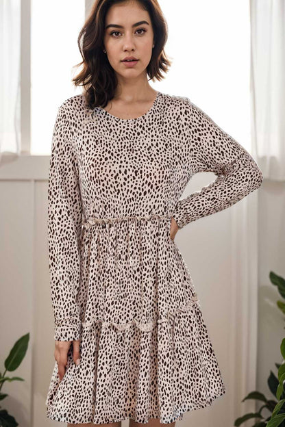 loose leopard print v neck dress drop shoulder a line closed cape paneled 133105