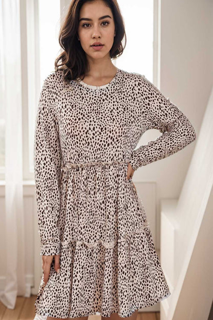 loose leopard print v neck dress drop shoulder a line closed cape paneled 142431