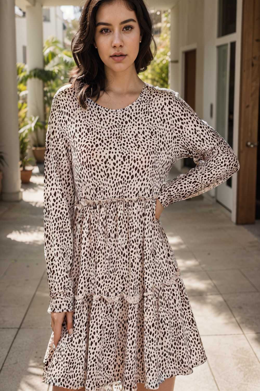 loose leopard print v neck dress drop shoulder a line closed cape paneled 145154