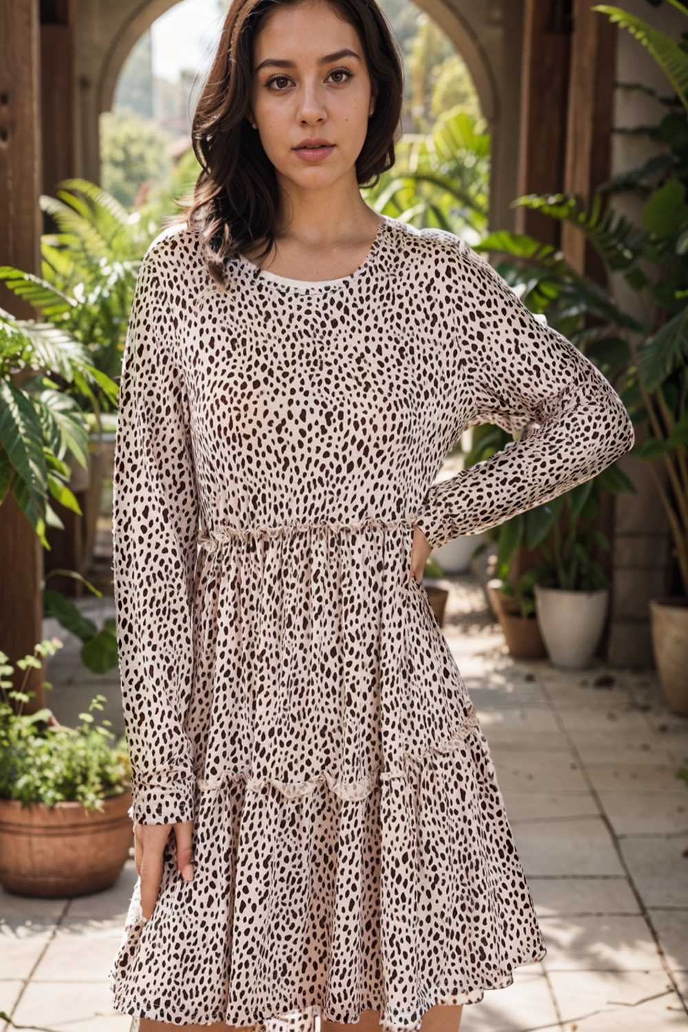 loose leopard print v neck dress drop shoulder a line closed cape paneled 131194