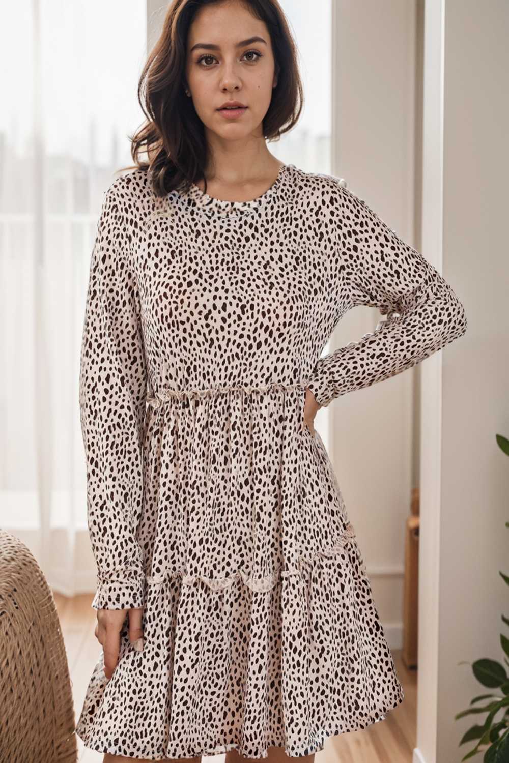 loose leopard print v neck dress drop shoulder a line closed cape paneled 105167