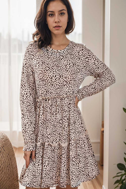 loose leopard print v neck dress drop shoulder a line closed cape paneled 105167