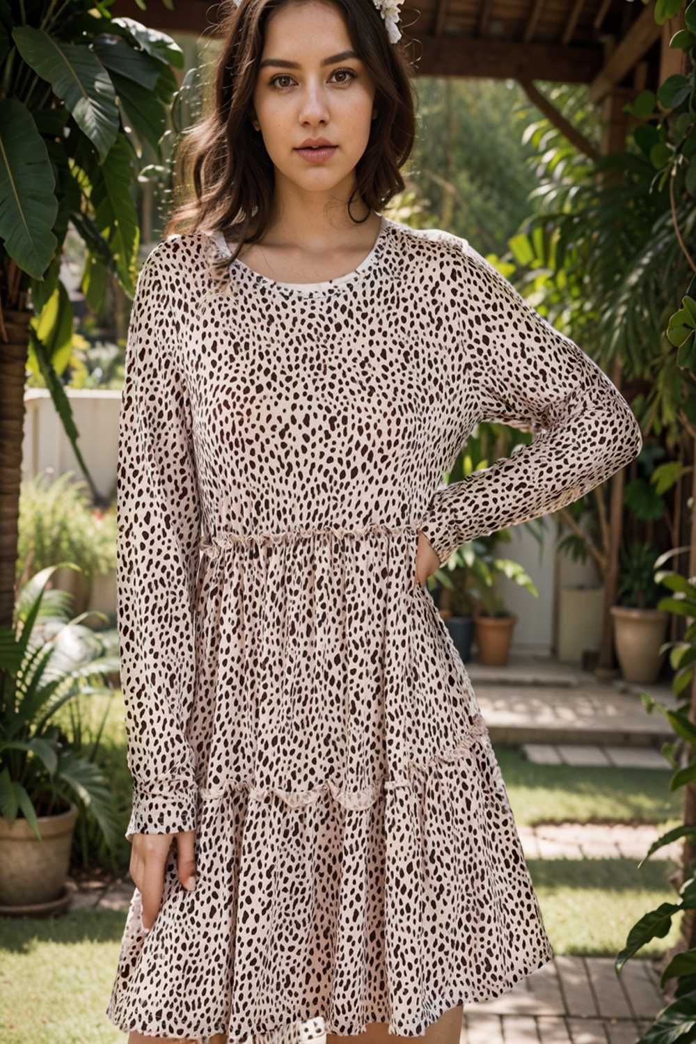 loose leopard print v neck dress drop shoulder a line closed cape paneled 132934