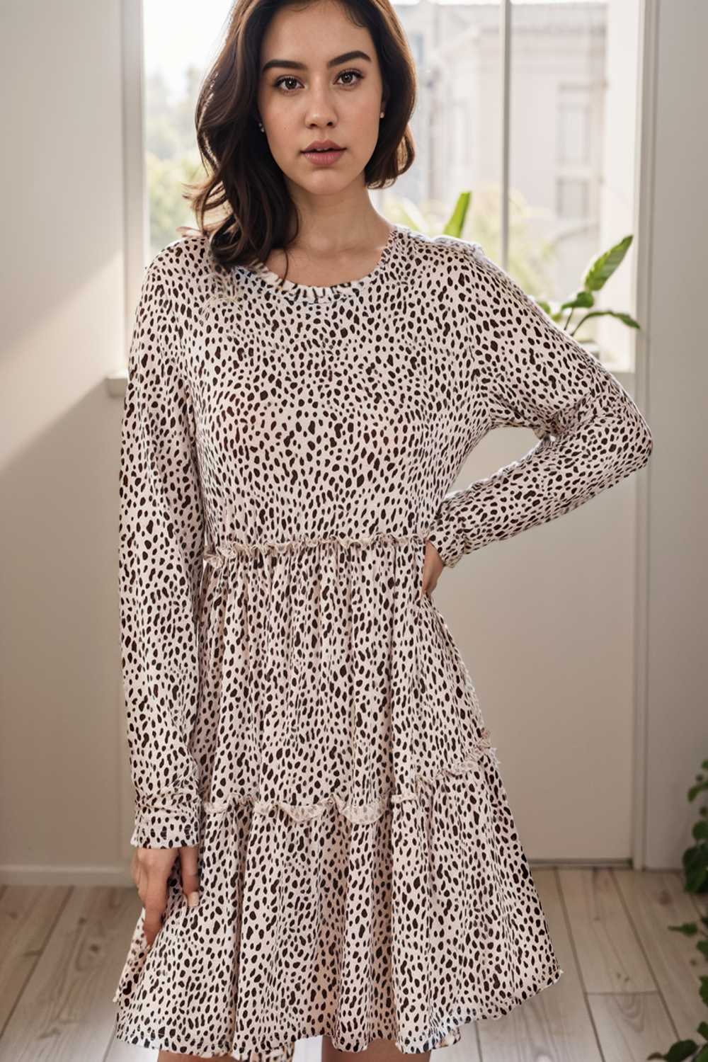 loose leopard print v neck dress drop shoulder a line closed cape paneled 106505