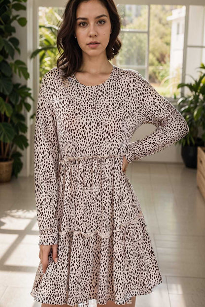 loose leopard print v neck dress drop shoulder a line closed cape paneled 133205