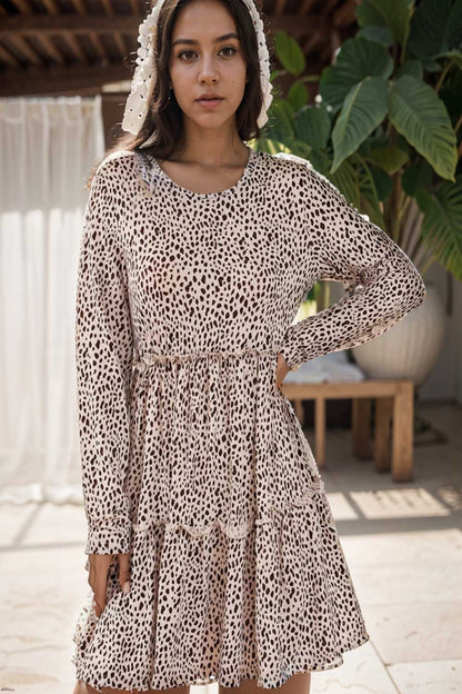 loose leopard print v neck dress drop shoulder a line closed cape paneled 118074