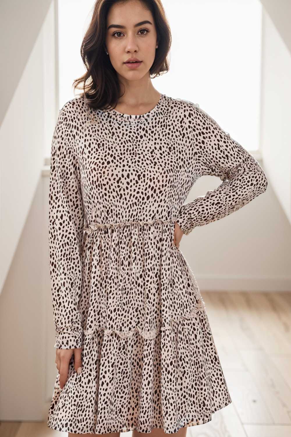 loose leopard print v neck dress drop shoulder a line closed cape paneled 132933