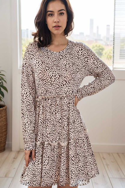 loose leopard print v neck dress drop shoulder a line closed cape paneled 135397