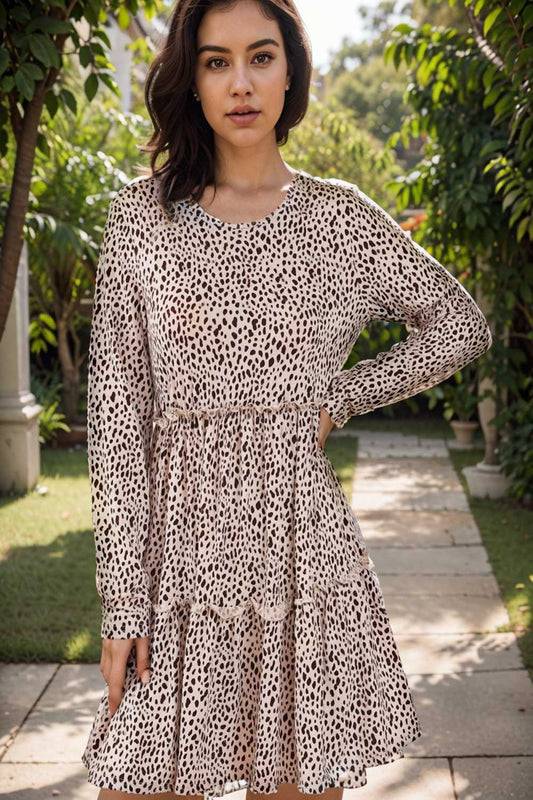 loose leopard print v neck dress drop shoulder a line closed cape paneled 106504