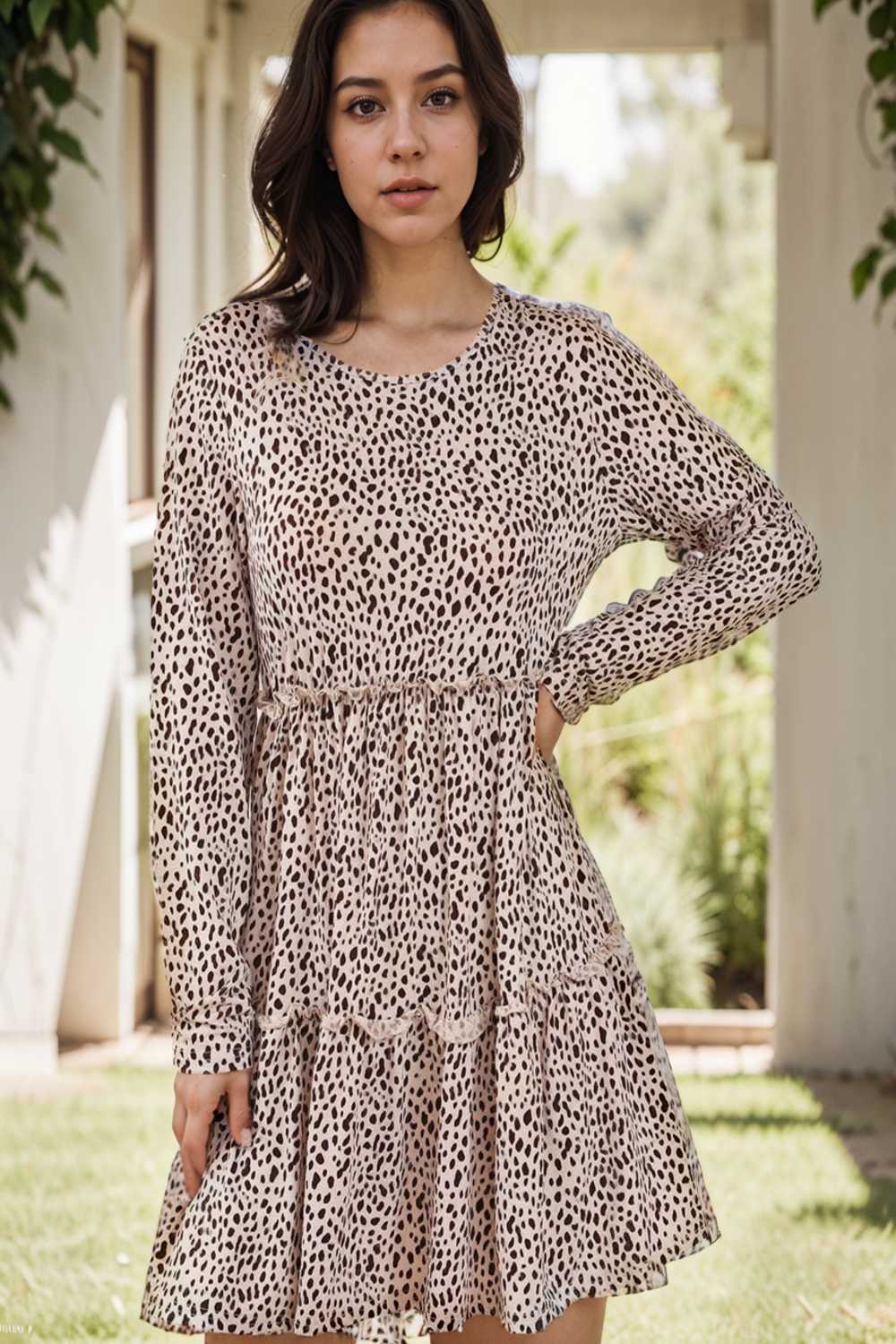 loose leopard print v neck dress drop shoulder a line closed cape paneled 105166