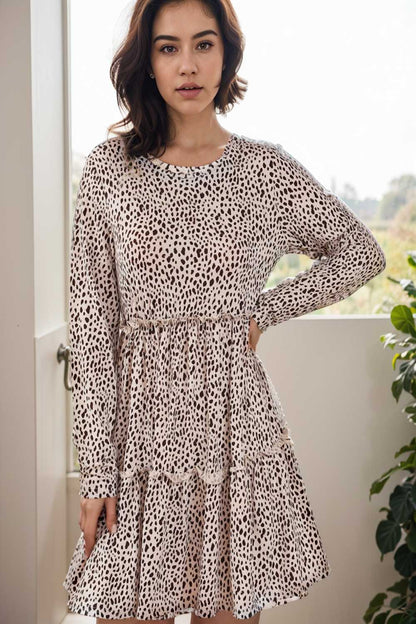 loose leopard print v neck dress drop shoulder a line closed cape paneled 145153