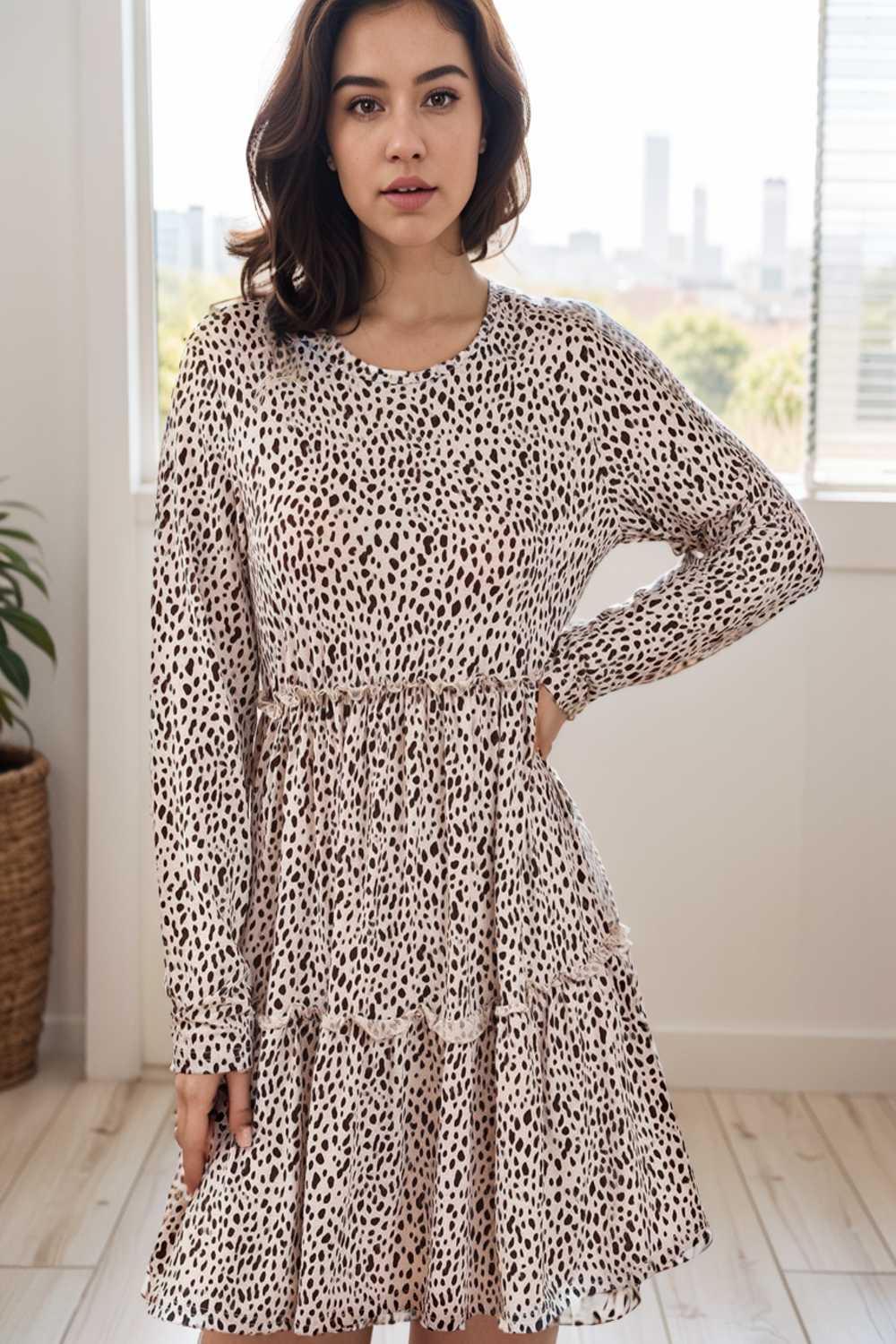 loose leopard print v neck dress drop shoulder a line closed cape paneled 147676