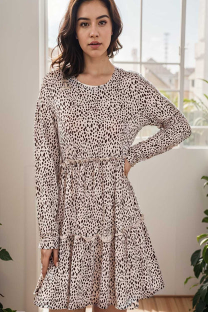 loose leopard print v neck dress drop shoulder a line closed cape paneled 129903