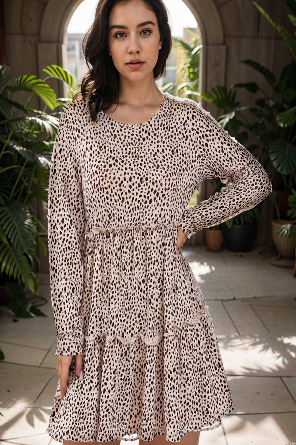 loose leopard print v neck dress drop shoulder a line closed cape paneled 145152