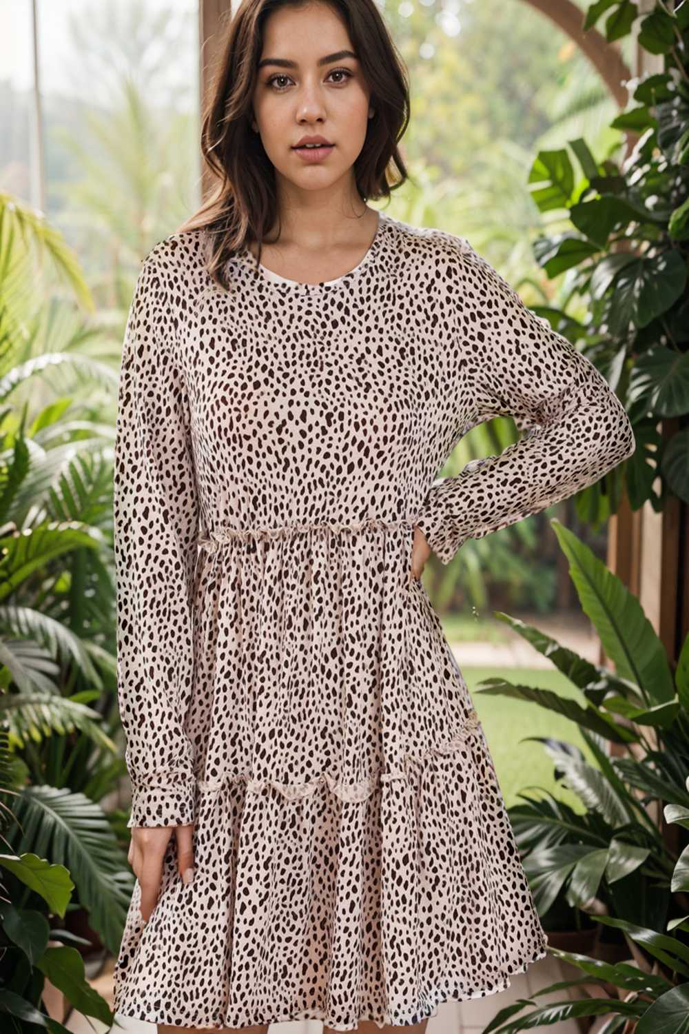 loose leopard print v neck dress drop shoulder a line closed cape paneled 106503