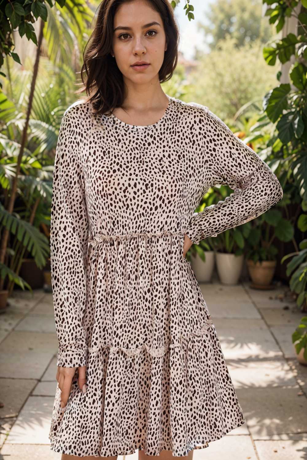 loose leopard print v neck dress drop shoulder a line closed cape paneled 105165