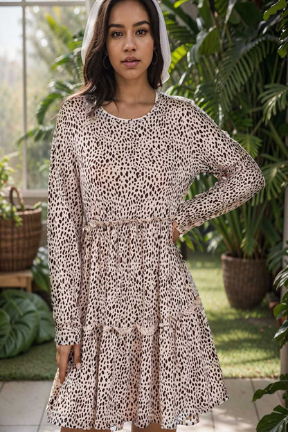 loose leopard print v neck dress drop shoulder a line closed cape paneled 135396