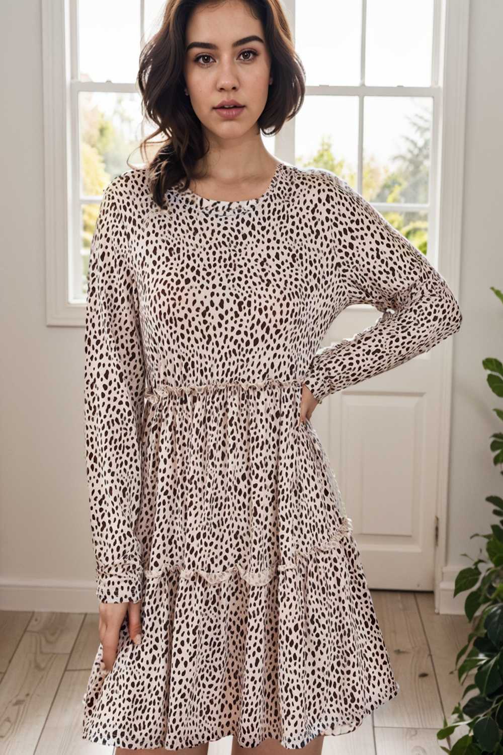 loose leopard print v neck dress drop shoulder a line closed cape paneled 132932