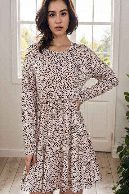 loose leopard print v neck dress drop shoulder a line closed cape paneled 132932