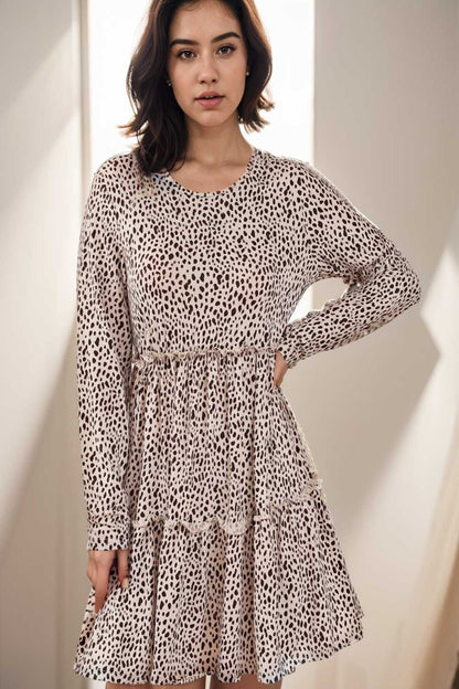 loose leopard print v neck dress drop shoulder a line closed cape paneled 142429