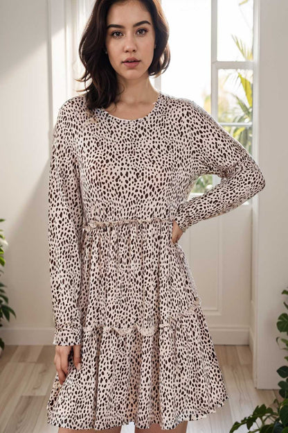 loose leopard print v neck dress drop shoulder a line closed cape paneled 147674