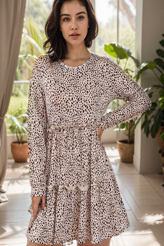 loose leopard print v neck dress drop shoulder a line closed cape paneled 143602