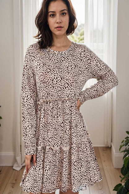loose leopard print v neck dress drop shoulder a line closed cape paneled 118072