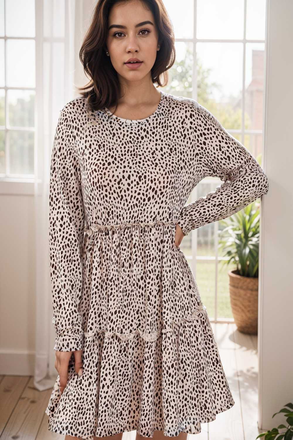 loose leopard print v neck dress drop shoulder a line closed cape paneled 132931