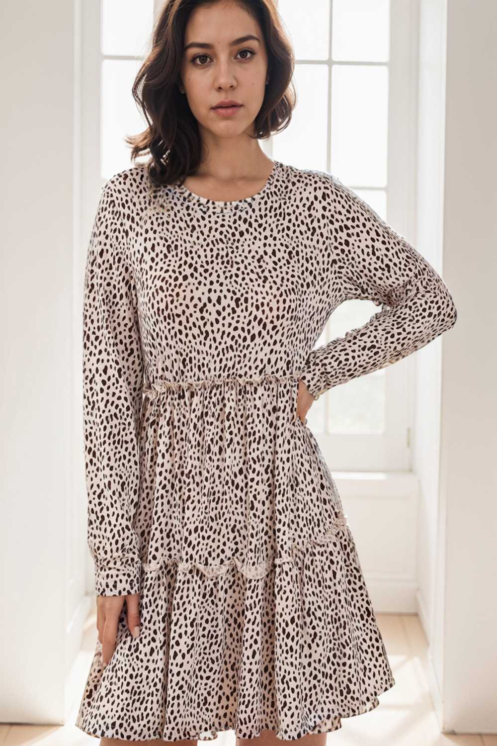 loose leopard print v neck dress drop shoulder a line closed cape paneled 105164