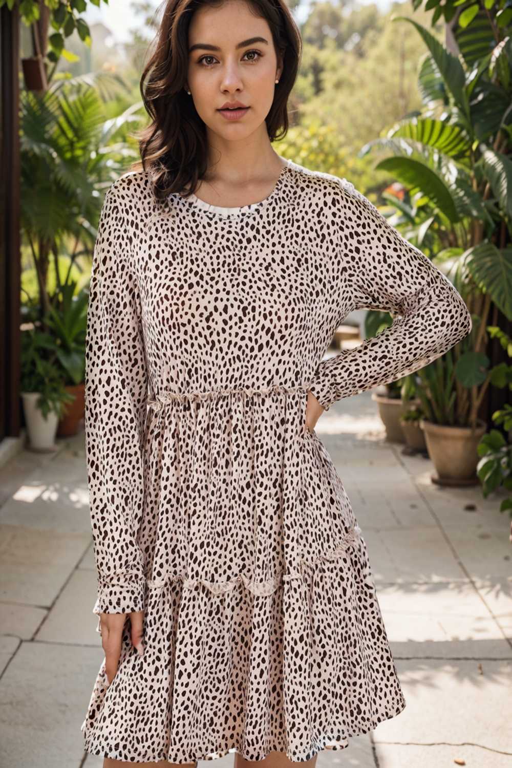 loose leopard print v neck dress drop shoulder a line closed cape paneled 132930