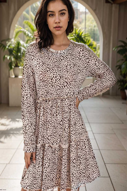 loose leopard print v neck dress drop shoulder a line closed cape paneled 142427