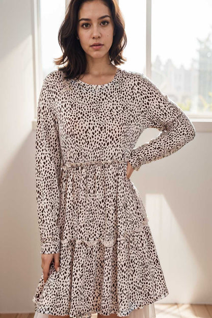 loose leopard print v neck dress drop shoulder a line closed cape paneled 118071