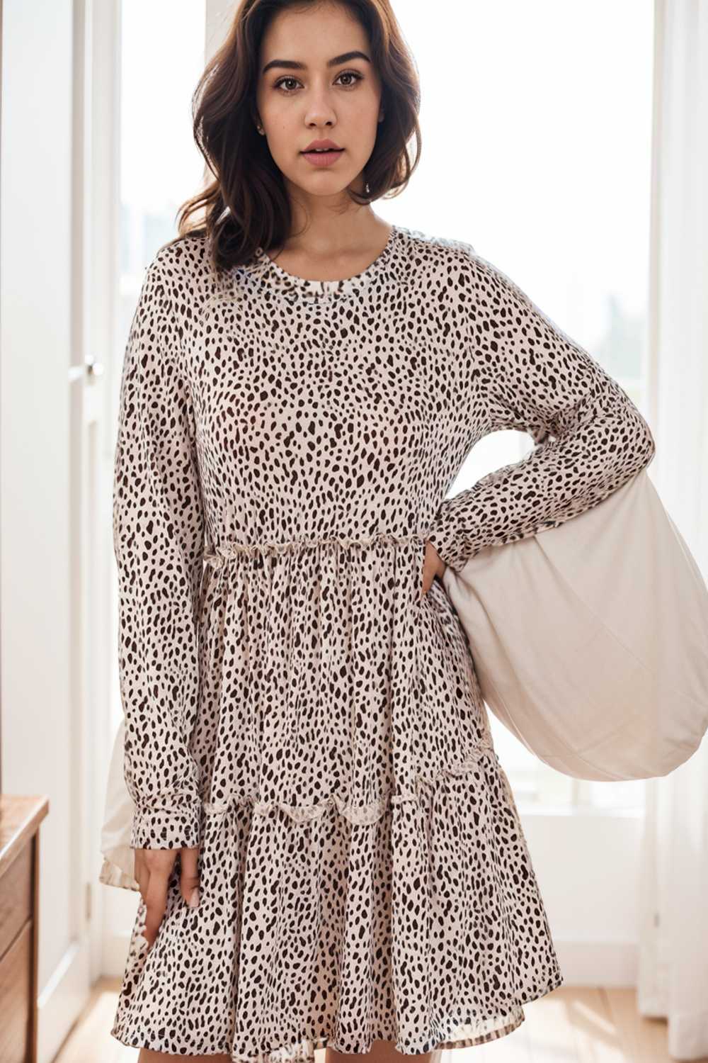 loose leopard print v neck dress drop shoulder a line closed cape paneled 106501
