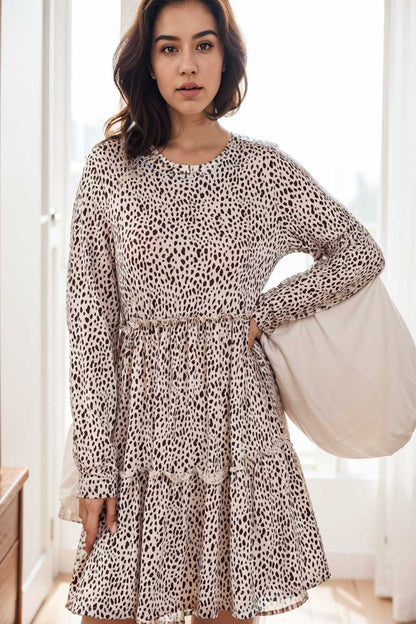 loose leopard print v neck dress drop shoulder a line closed cape paneled 106501