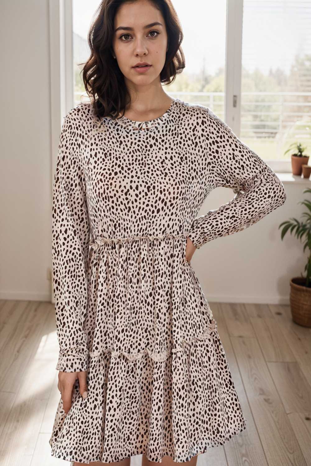loose leopard print v neck dress drop shoulder a line closed cape paneled 105163