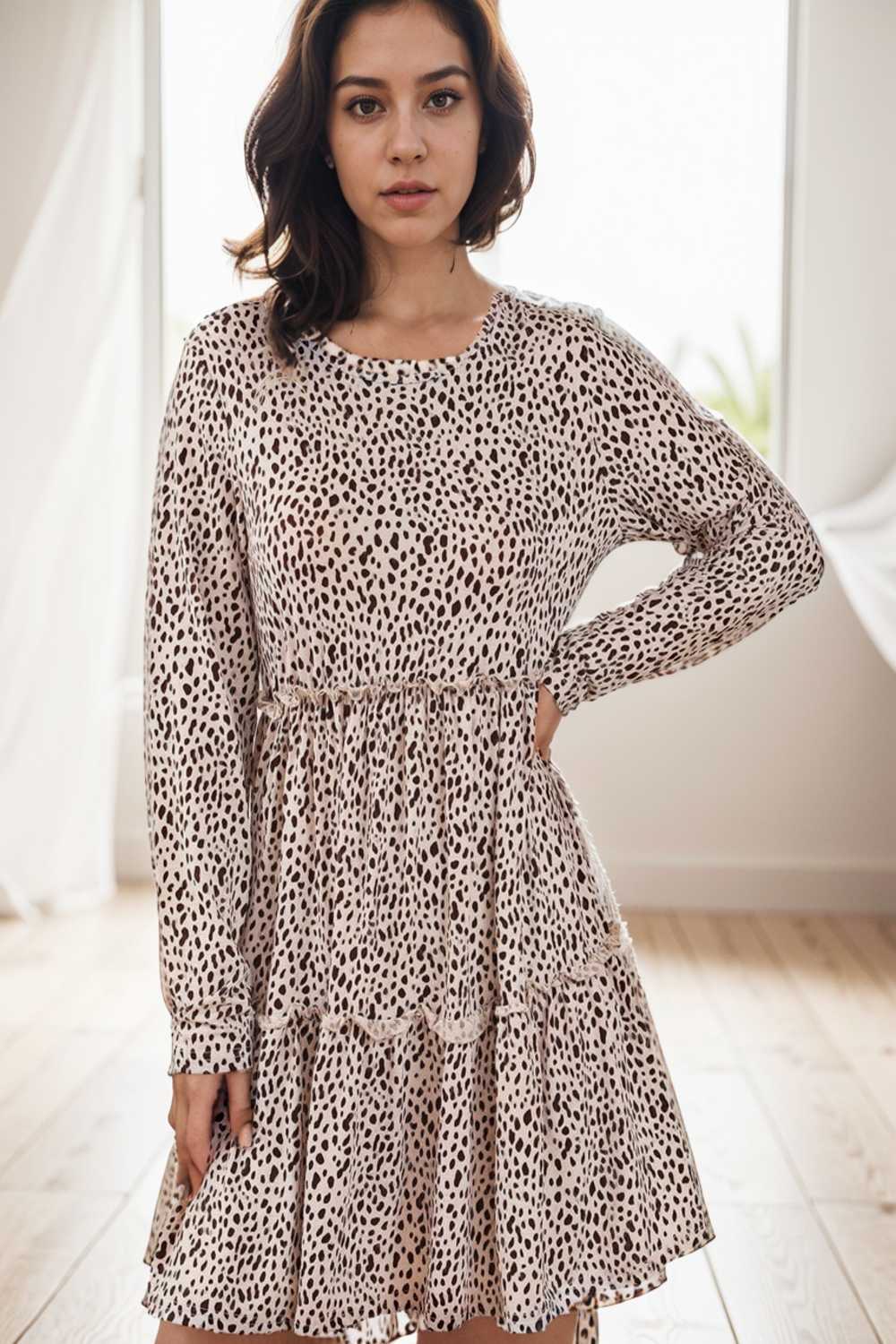 loose leopard print v neck dress drop shoulder a line closed cape paneled 133201