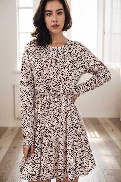 loose leopard print v neck dress drop shoulder a line closed cape paneled 127201