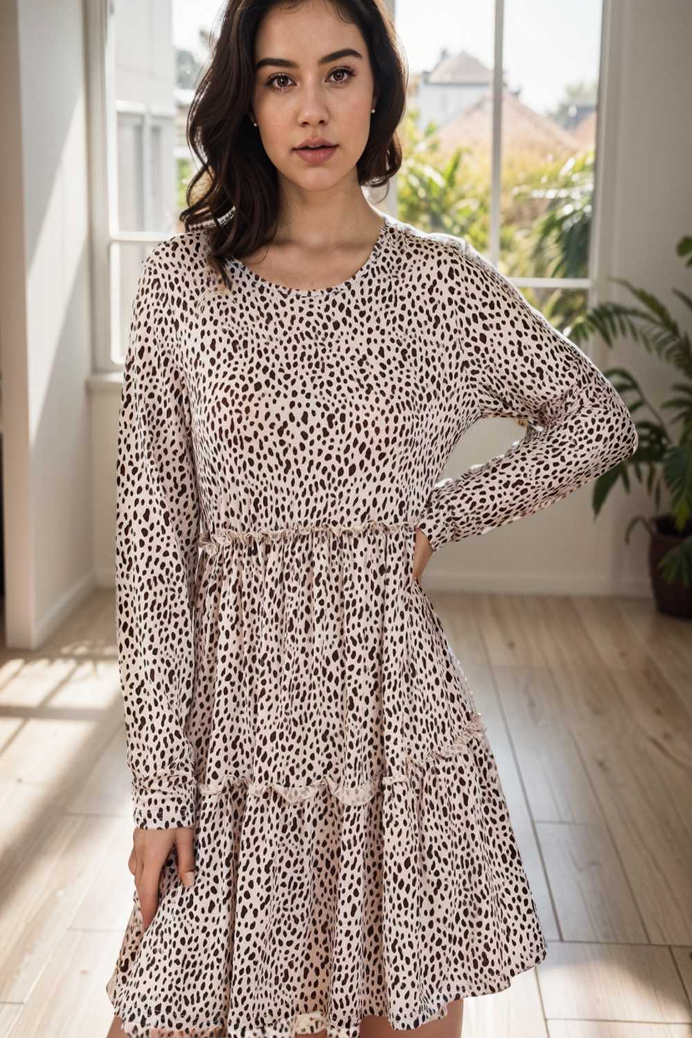 loose leopard print v neck dress drop shoulder a line closed cape paneled 106500