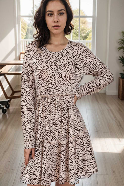 loose leopard print v neck dress drop shoulder a line closed cape paneled 105162