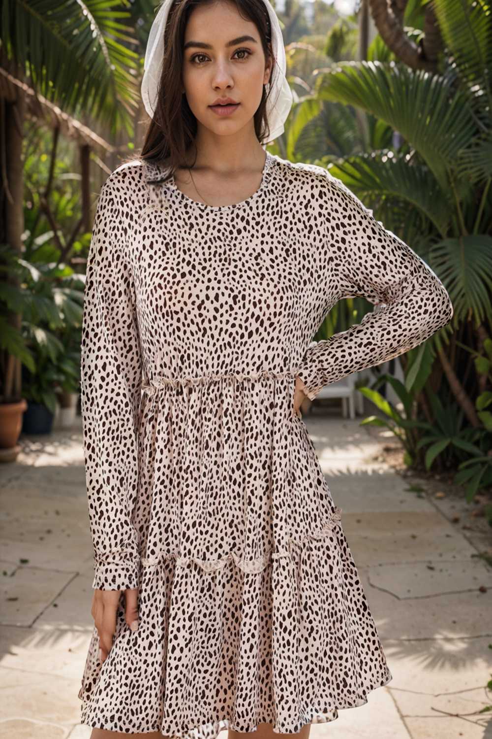 loose leopard print v neck dress drop shoulder a line closed cape paneled 132929