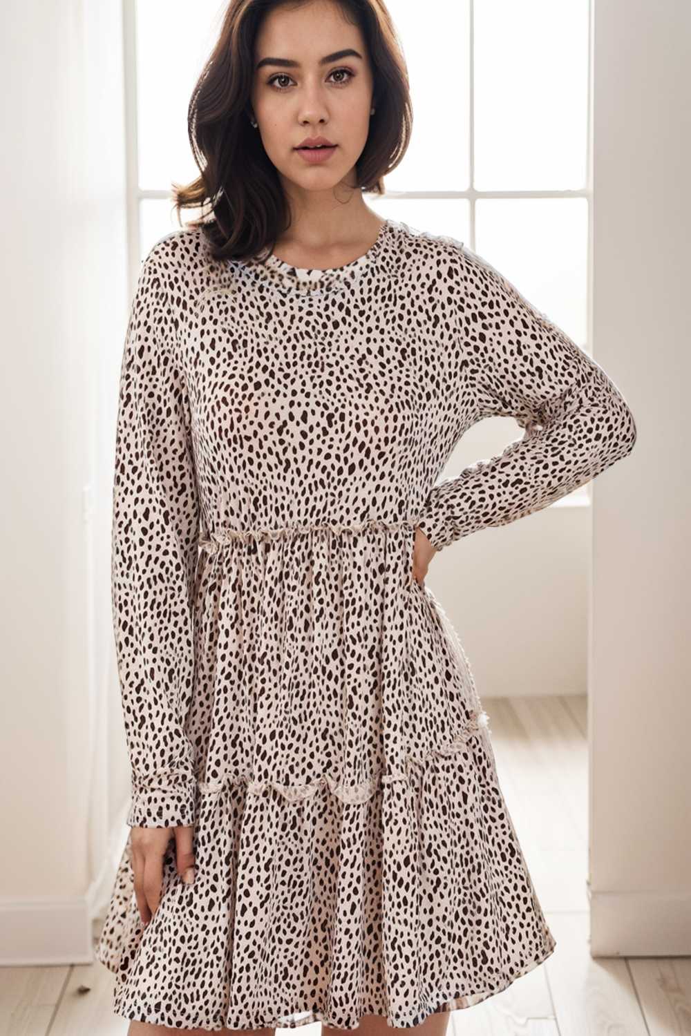 loose leopard print v neck dress drop shoulder a line closed cape paneled 106499