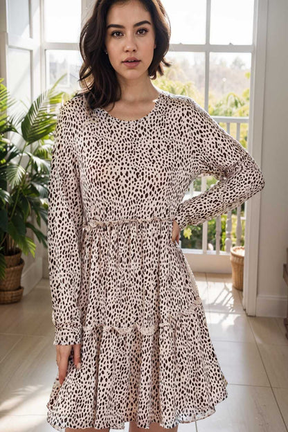 loose leopard print v neck dress drop shoulder a line closed cape paneled 123113