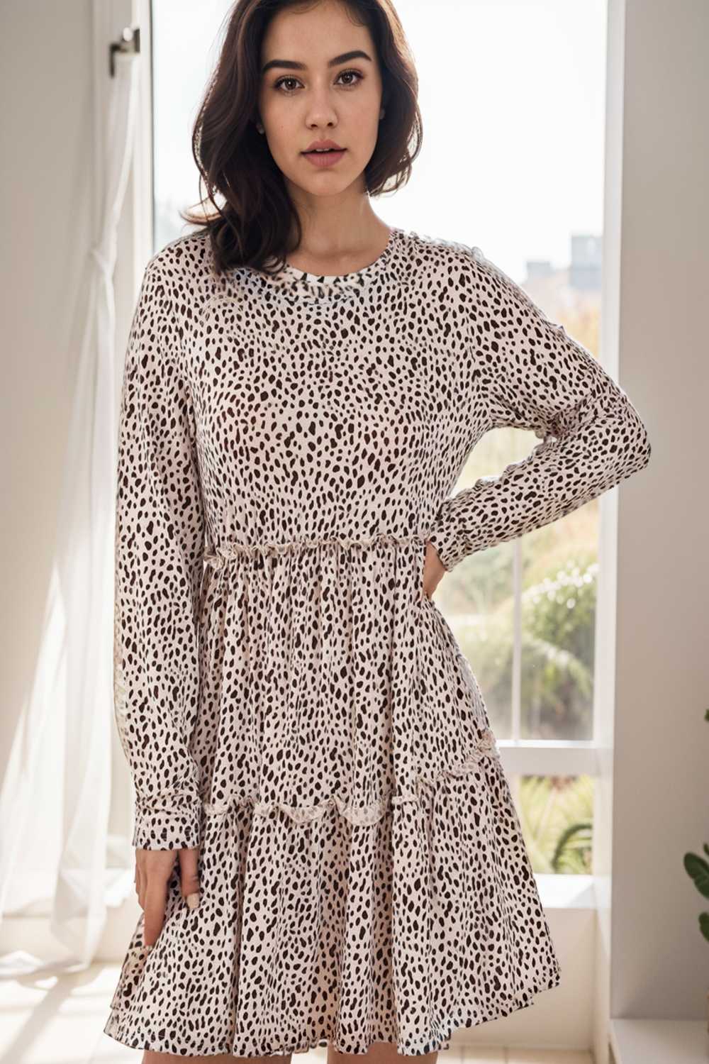 loose leopard print v neck dress drop shoulder a line closed cape paneled 142425